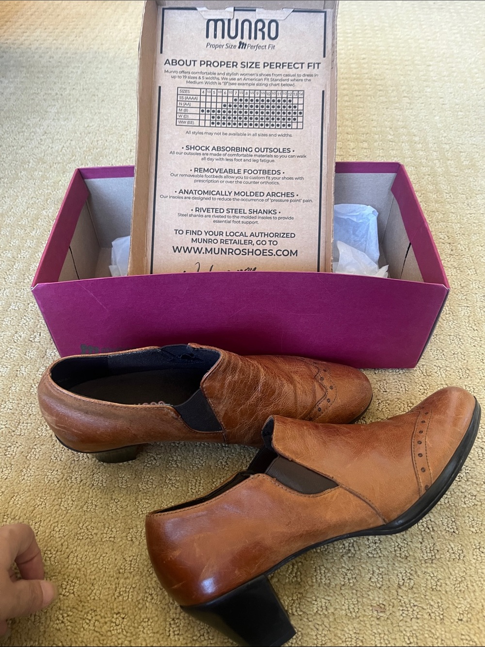 Munro Tan Leather Slip-On Loafers with Brogue Accents